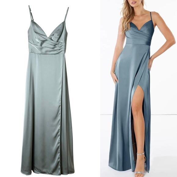 Azazie Calissa Mist A-Line V-Neck Pleated Stretch Satin Dress Bridesmaid Gown A0 - Picture 1 of 13